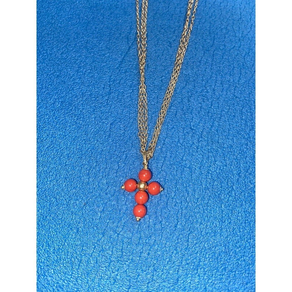 Vintage Mediterranian Gold & Coral Cross Pendant With 925 Chain
